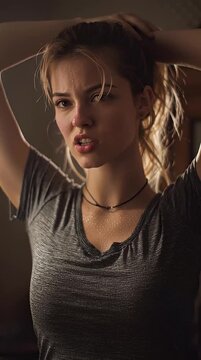 Young woman sweating after intense workout pulling hair back portrait