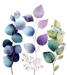 Watercolor sprigs of leaves and tiny flowers, in shades of blue, purple, and green
