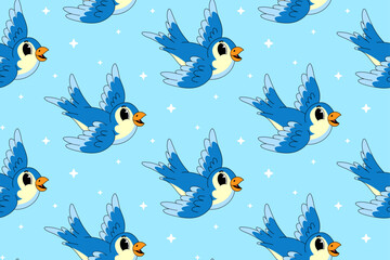 Cute Blue Bird Seamless Pattern