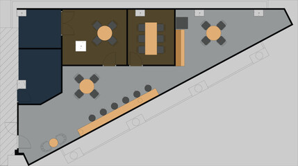 Colored Office Corner Floor Plan with Relax Area, Pantry Dining Space and Meeting Room Top View Layout