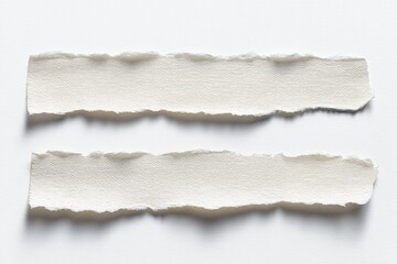 Two torn, off-white paper strips lie parallel against a white, shadowless background