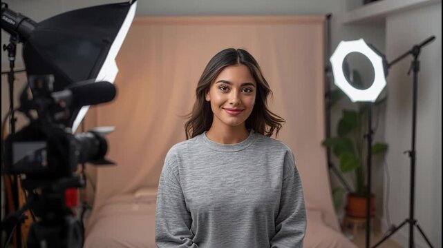 Young woman vlogger content creator in home studio with camera softbox lighting and backdrop