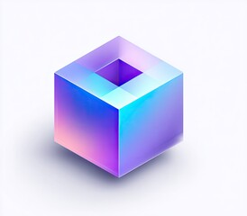 A geometric, gradient-filled cube with an opening on top casting a soft shadow