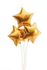 Group of gold star-shaped balloons, shiny and floating against a clean white backdrop