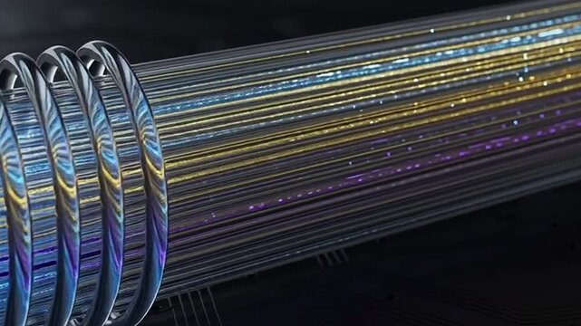 Transparent fiber optic spiral transmitting digital light pulses, high-speed network infrastructure