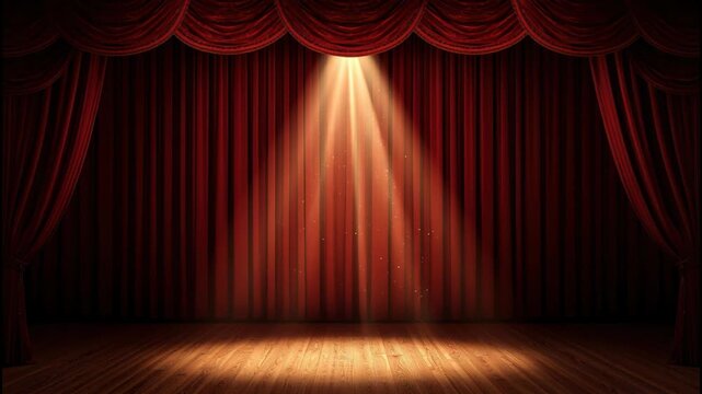 Red theater curtain spotlight on wooden floor stage drape and dramatic theatrical mood