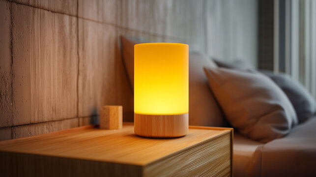 Elegant bedside dimmable mood lamp with warm yellow light on wooden nightstand