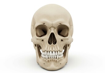 Fototapeta premium Detailed frontal view showcases the complex bone structure of a human cranium with visible teeth against a white background.