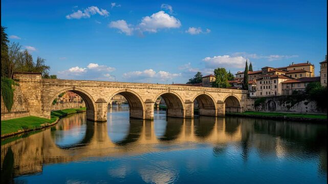 Ancient stone bridge arch bridge over calm water river reflection blue sky historic architecture