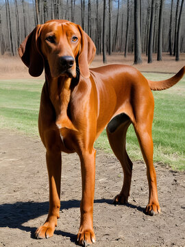 Focused Redbone Coonhound on alert, outdoor scent tracking,  tracking,  pet