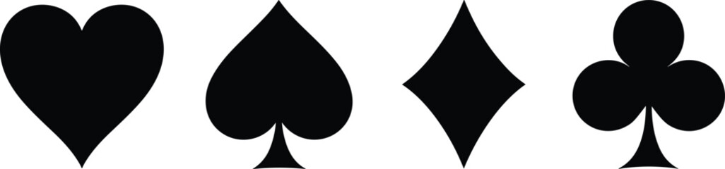 Set of black vector silhouettes including the four card suits heart, spade, diamond and club for gambling, poker games, casino design and magic tricks. © Mukta's World