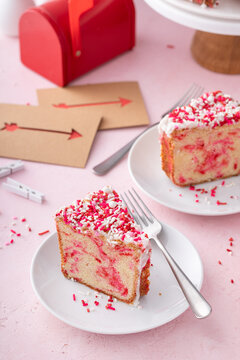 Pound cake baked in a Bundt pan with pink sprinkles for Valentines Day