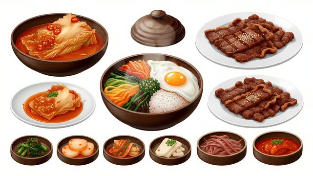 Korean Food Bibimbap And Bulgogi Realistic Food Still Life