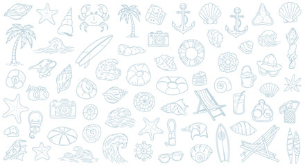 Obraz premium Collection of light blue travel and exploration icons in a seamless doodle style.