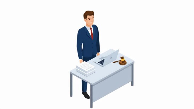 Lawyer in Suit at Desk with Laptop and Gavel Motion Graphic Loop
