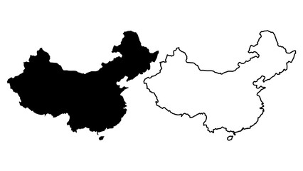 China Contour Map: A black and white outline of the geographic borders of China, representing the vastness and diverse landscape of the nation. © Maikia Desings