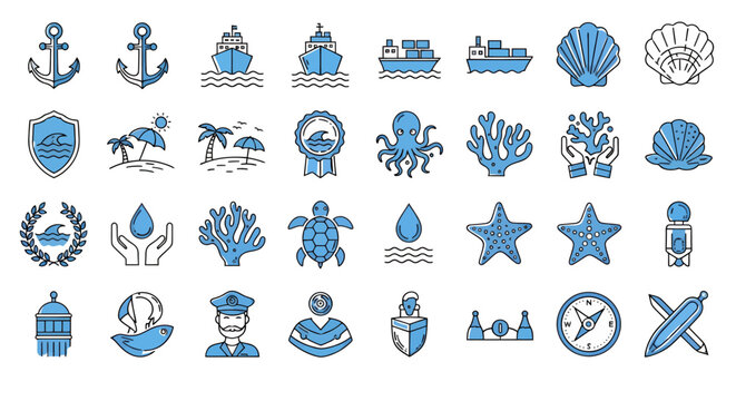 Collection of blue nautical icons including ships anchors shells and compasses.