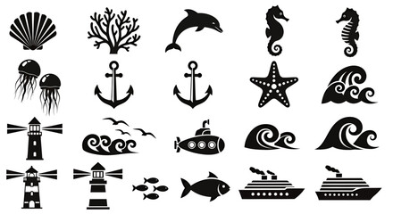 Obraz premium Set of black nautical icons featuring anchors, ships, marine life and coastal motifs for design projects.