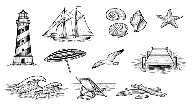 Nautical and coastal icon set featuring a lighthouse, sailboat, seashells, and beach elements. Vintage hand-drawn woodcut style vector illustrations for maritime travel and summer design.