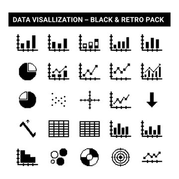 Data visualization icon set featuring bar charts, pie graphs, line plots, and analytics grids. Minimalist black pixel art vector signs for business dashboards and infographic design.