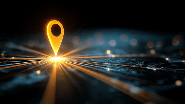 Glowing GPS Location Pin on Digital Map with Light Trails, Concept of Global Logistics, Smart City Navigation, Data Connection and Travel Technology