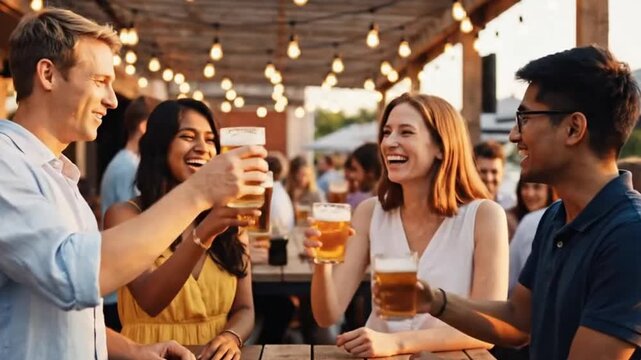 A diverse group of cheerful young friends celebrates a joyful moment, raising glasses of golden beverage in a lively toast at an inviting outdoor gathering. Bathed in warm, ambient light from string b