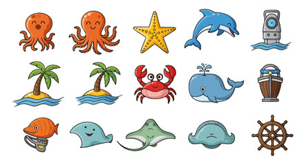 Naklejka premium Colorful marine life icons featuring octopus, dolphin, whale, and other sea creatures in cartoon style.