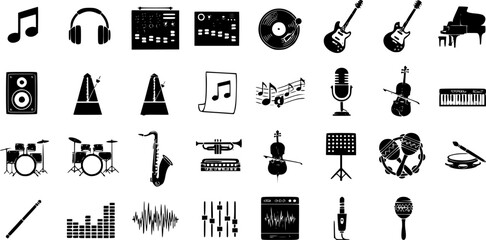 Music Audio Production Flat Icons-Musical Note Headphones Mixing Board Vinyl Guitar Microphone Sheet Music Piano-25 Music Icon Set Vector - Audio Production Icons 