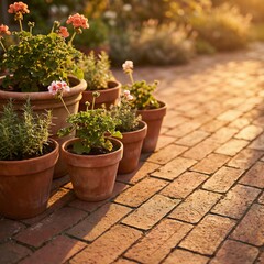 Fototapeta premium Terracotta Flower Pots on Sunlit Red Brick Patio