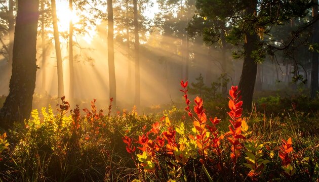Sunrise streams through trees, illuminating vibrant fall foliage in a lush forest