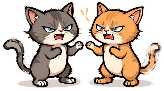 Fight of two angry cats with arched backs. Conflict of cute kitties with strained discontent face expressions, standing in front of each other. Flat vector illustration of catfight isolated on white