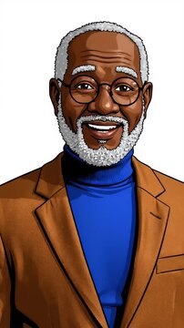 Happy Elderly Black Man Smiling Wearing Brown Jacket Blue Turtleneck Festive