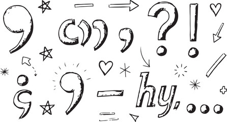 Bold hand-drawn black doodle icons set, including arrows, hearts, speech bubbles, sunburst, crown, question mark, and swirl lines in a casual sketch style.