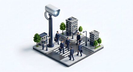 街角に設置された大型の監視カメラと横断歩道を渡るビジネスパーソン