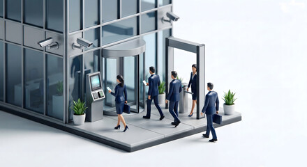 監視カメラとセキュリティゲートが設置されたオフィスのエントランス