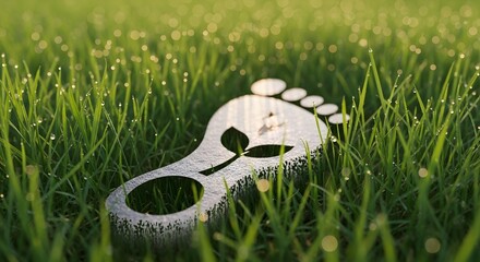Obraz premium Macro shot of carbon footprint icon fading into a lush green grass field for ecology concept.