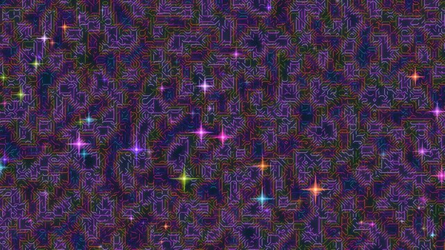 Vibrant abstract background with colorful neon-like stars and swirling purple patterns on a dark blue and black base.