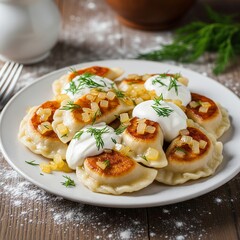 Polish Pierogi Heritage: A plate of pan-fried pierogi with golden onions and dollops of sour cream. Scattered dill. Rustic, grandmother's kitchen vibe with flour dusted on the table
