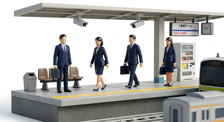 駅のホームに設置された防犯カメラと電車を待つ通勤客