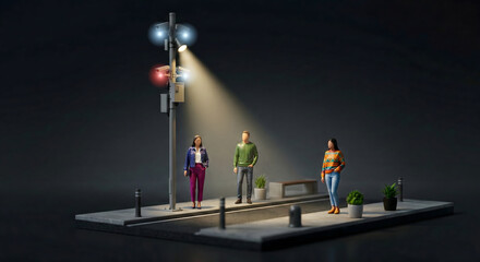 夜の街灯に設置された監視カメラと歩道を歩く人々