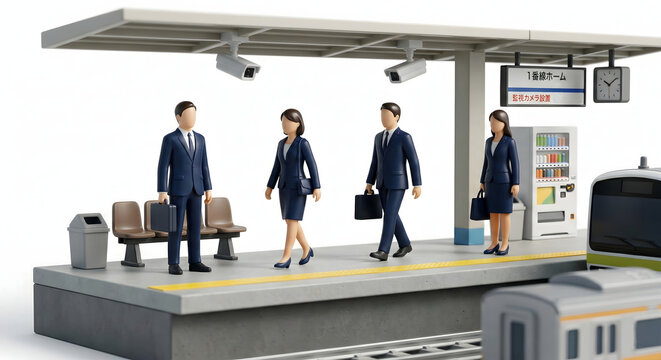 駅のホームに設置された防犯カメラと電車を待つ通勤客