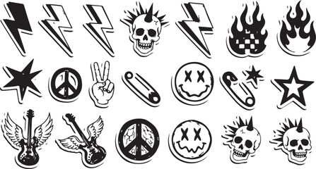 Colorful punk rock doodle set - funny skulls, flames, lightning bolts and stars, hearts, lips and eyes. Vivid freehand drawings, sketch for rebellious music poster, textile, youth subculture design.