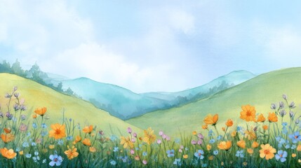 Fototapeta premium Watercolor painting of a field with flowers and mountains