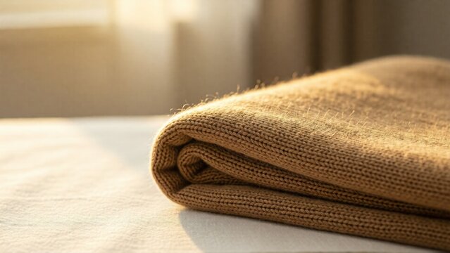 Folded beige knitted sweater fabric texture in warm sunlight