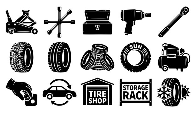 Professional auto service and tire shop icon set featuring rubber tires, car jacks, air compressors, and mechanic tools. High-quality black and white engravings for automotive repair branding.