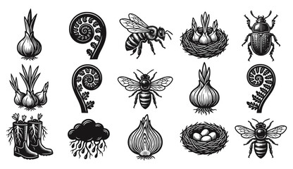 Obraz premium Botanical linocut collection featuring bees, ferns, bulbs, and nests. Vintage scientific plate aesthetic for gardening, spring nature, and organic farming. Black and white woodcut icons.