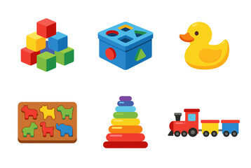 Educational Wooden and Plastic Toddler Toys Set Including Building Blocks, Shape Sorter Cube, Rubber Duck, Animal Puzzle, Rainbow Stacker, and Toy Train Engine © ma