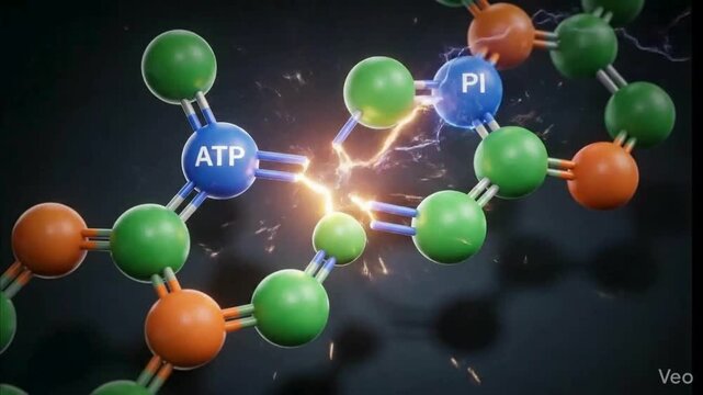 ATP Molecule with Glowing Energy Spark | Adenosine Triphosphate Molecular Structure | Biochemical Energy Transfer Visualization