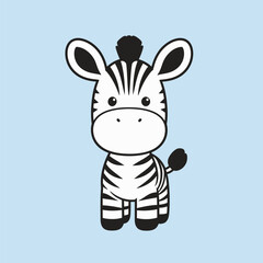 Fototapeta premium A cartoon zebra character smiles and poses with a light blue background, appealing to kids and animal fans alike.