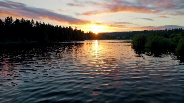 Sunset natural scenery in the lakeside forest, the tranquil beauty of sunset on the lake